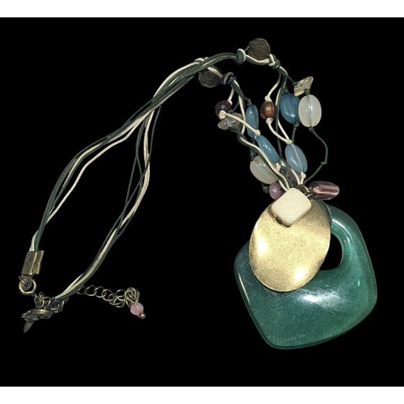 Vintage Bohemian Green And Earth Tone Beaded Pendant Necklace - Picture 1 of 6